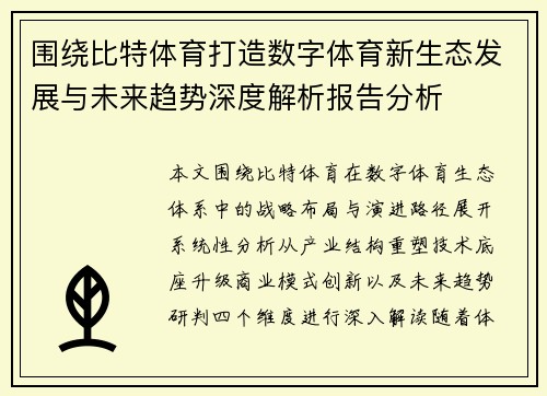 围绕比特体育打造数字体育新生态发展与未来趋势深度解析报告分析